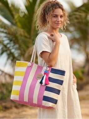 Eccolo Striped Cotton Tote in Yellow, Pink, Navy & Cream with Rope Handles